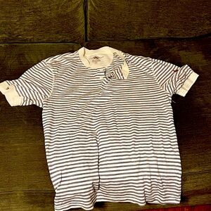 Large white quarter button down with black horizontal stripes.